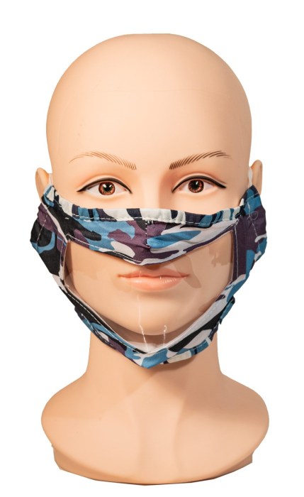 Camo Blue Reusable, Washable, Face Mask with Clear Window