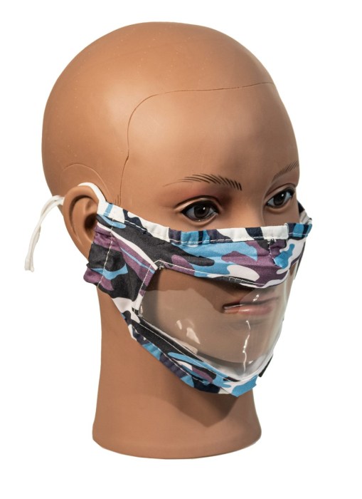 Camo Blue Reusable, Washable, Face Mask with Clear Window