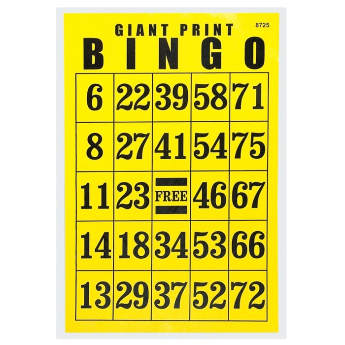 Giant Print Bingo Card - Black on Yellow Background - REDUCED PRICE
