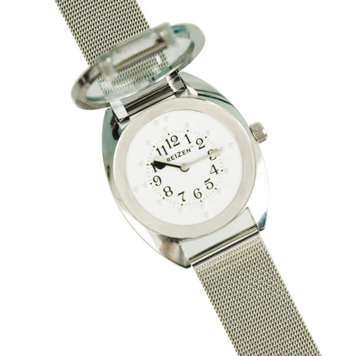 Unisex Braille Watch- Chrome- Steel Mesh Band- White Dial