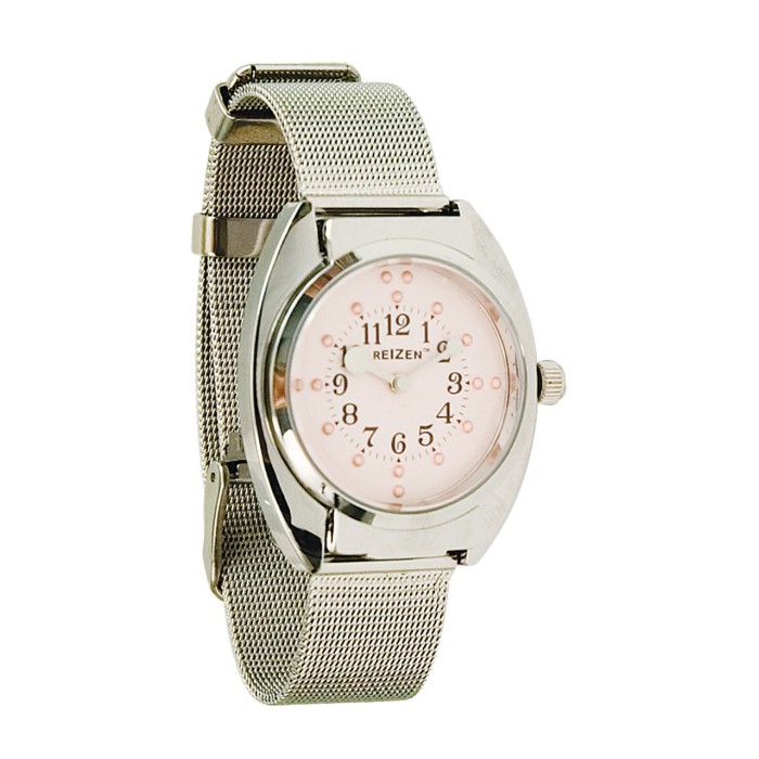 Ladies Braille Watch- Chrome- Steel Mesh Band- Pink Dial