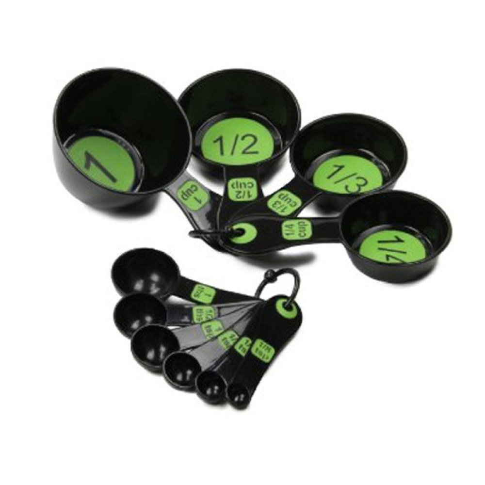 Measuring Combo Set of 4 Cups and 6 Spoons - Large-Print - Black-Green